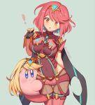  1girl bangs black_gloves blonde_hair breasts chest_jewel copy_ability cosplay earrings fingerless_gloves gloves headpiece jewelry kirby kirby_(series) long_hair looking_at_viewer mythra_(xenoblade) mythra_(xenoblade)_(cosplay) pyra_(xenoblade) red_eyes red_hair red_legwear red_shorts short_hair short_shorts shorts simple_background super_smash_bros. swept_bangs thighhighs tiara wusagi2 xenoblade_chronicles_(series) xenoblade_chronicles_2 