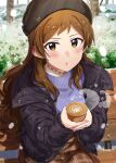  1girl :o ayano_yuu_(sonma_1426) bangs bench beret black_coat black_headwear blue_sweater blurry blurry_background blush brown_eyes brown_skirt bush coat cup day depth_of_field hat holding holding_cup idolmaster idolmaster_million_live! interlocked_fingers kitazawa_shiho latte_art long_hair long_sleeves looking_at_viewer open_clothes open_coat outdoors parted_lips plaid plaid_skirt ribbed_sweater shadow sitting skirt solo steam sweater 