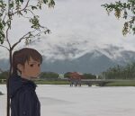  1girl brown_eyes brown_hair gazebo highres hood hood_down jacket kaohsiung looking_at_viewer mountainous_horizon original outdoors photo-referenced red-core_timber scenery short_ponytail solo tree water 