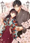  1boy 1girl black_hair blush couple cover cover_page floral_print flower glasses grey_kimono hakama highres holding_hands izumi_(stardustalone) japanese_clothes kimono lamppost long_hair making-of_available parted_lips petals purple_eyes red_hakama renri_no_chigiri_wo_kimi_to_shiru 