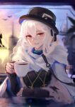  1girl absurdres arknights black_headwear black_sweater blurry blurry_background coat commentary cross cross_necklace cup english_commentary hand_on_table hand_up hat highres holding holding_cup jewelry long_hair long_sleeves looking_at_viewer necklace parted_lips red_eyes rhodes_island_logo runemill scarf smile solo specter_(arknights) specter_(undercurrent)_(arknights) sunset sweater teacup top_hat upper_body white_coat white_hair white_scarf work_in_progress 