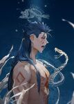  1boy anglerfish biceps blue_hair bodypaint cu_chulainn_(fate)_(all) cu_chulainn_alter_(fate/grand_order) dark_persona earrings facepaint fate/grand_order fate_(series) fish from_side guttia jewelry long_hair male_focus muscular muscular_male nipples open_mouth pectorals red_eyes sharp_teeth shirtless skeleton snake solo spiked_hair teeth tongue tongue_out underwater water 