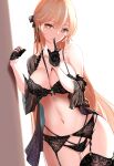  1girl bangs black_bra black_gloves black_panties black_ribbon blonde_hair bra breasts cleavage collarbone commentary_request covered_navel fatkewell finger_to_mouth garter_belt garters girls_frontline gloves hair_ribbon half_gloves heart heart-shaped_pupils highres lace lace_bra lace_gloves lace_panties large_breasts lingerie long_hair ots-14_(girls_frontline) panties parted_lips ribbon see-through solo symbol-shaped_pupils thighhighs underwear very_long_hair yellow_eyes 