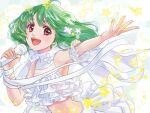  1girl :d akira_ituki arm_strap armpits bangs crop_top floating_hair green_hair holding holding_microphone long_hair looking_at_viewer macross macross_frontier microphone midriff music open_mouth ranka_lee red_eyes ribbon singing smile solo stomach upper_body white_ribbon wrist_ribbon 