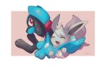  alternate_color blush closed_eyes commentary_request creature eevee eyelashes fang gen_1_pokemon gen_4_pokemon highres looking_back no_humans nullma open_mouth pokemon pokemon_(creature) red_eyes riolu shiny shiny_pokemon signature sitting smile toes tongue |d 
