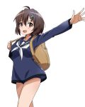  1girl arm_up backpack bag bangs blouse blue_blouse blue_sailor_collar blue_swimsuit brave_witches brown_eyes brown_hair commentary_request cowboy_shot eyebrows_visible_through_hair hair_ornament hairclip highres kaneko_(novram58) karibuchi_hikari long_sleeves looking_at_viewer neckerchief no_pants open_mouth sailor_collar short_hair simple_background smile solo standing swimsuit swimsuit_under_clothes waving white_background white_neckwear world_witches_series 