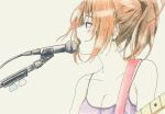  1girl absurdres bare_shoulders bbmasa blush breasts brown_hair cleavage collarbone colored_pencil_(medium) commentary_request earrings electric_guitar guitar hibike!_euphonium highres holding holding_instrument instrument jewelry liz_to_aoi_tori long_hair microphone music nakagawa_natsuki open_mouth playing_instrument ponytail purple_eyes singing solo spaghetti_strap tank_top traditional_media 