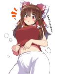  1girl bangs bloomers blush bow breasts brown_hair commentary_request cookie_(touhou) cowboy_shot eyebrows_visible_through_hair hair_between_eyes hair_bow hakurei_reimu highres kanna_(cookie) large_breasts long_hair looking_at_viewer midriff navel notice_lines open_mouth pai_kebon_baa red_bow red_eyes red_shirt shirt simple_background sleeveless sleeveless_shirt solo sweat touhou translation_request underwear white_background 