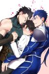  3boys aniki_(chaji1129) black_hair blue_eyes blush boy_sandwich cu_chulainn_(fate)_(all) cu_chulainn_(fate/stay_night) fate/grand_order fate/stay_night fate/zero fate_(series) fujimaru_ritsuka_(male) group_sex heart height_difference highres holding_hands lancer_(fate/zero) long_hair male_focus multiple_boys ponytail red_eyes sandwiched simple_background threesome white_background yaoi yellow_eyes 