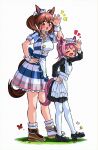  2girls :d ^_^ alternate_costume animal_ears appleq black_footwear blush_stickers brown_eyes brown_hair choker closed_eyes commentary_request ear_covers enmaided facing_viewer full_body hair_bobbles hair_ornament hand_on_hip hand_up haru_urara_(umamusume) height_difference highres hishi_akebono_(umamusume) horse_ears horse_girl horse_tail long_sleeves looking_at_viewer maid maid_headdress multiple_girls open_mouth pantyhose pink_hair ponytail puffy_short_sleeves puffy_sleeves shoes short_sleeves simple_background smile tail twintails umamusume white_background white_choker white_legwear wrist_cuffs 