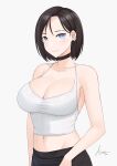  1girl absurdres aori_sora bare_shoulders black_hair blue_eyes blush breasts choker closed_mouth collarbone crop_top earrings english_commentary highres jewelry large_breasts midriff navel original short_hair signature sleeveless smile solo white_background 