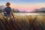 1boy blonde_hair grass holding holding_weapon house link looking_ahead pixiescout pointy_ears ponytail sky star_(sky) sunset sword the_legend_of_zelda the_legend_of_zelda:_breath_of_the_wild weapon windmill 