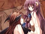  blush breasts brown_hair crescent crescent_hair_ornament food hair_ornament head_wings highres koakuma long_hair medium_breasts mouth_hold multiple_girls nude orimoto_asami patchouli_knowledge pocky purple_eyes purple_hair thighhighs touhou very_long_hair zoom_layer 