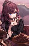  1girl absurdres black_ribbon black_shirt blue_eyes blush brown_hair cake candy chocolate chocolate_cake chocolate_heart commentary_request eating food hair_between_eyes hair_ribbon happy_valentine heart highres holding holding_chocolate holding_food ichinose_shiki idolmaster idolmaster_cinderella_girls leaning_forward leaning_on_table long_hair looking_at_viewer mixed-language_commentary nail_polish ponytail red_skirt ribbon shirt signature skirt solo twitter_username valentine wavy_hair yanato_(e-huxe) 