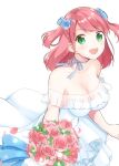  1girl bouquet breasts choker cleavage collarbone covered_navel dress flower green_eyes large_breasts open_mouth original pink_flower pink_hair pink_rose rose smile solo strapless strapless_dress two_side_up wedding_dress white_dress yukino_(yukinosora1126) 