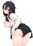  1girl areolae ass ass_grab bangs black_bra black_hair black_panties bra breasts breasts_outside brown_eyes clothes_lift collared_shirt commentary glasses grabbing_own_ass green_skirt hair_between_eyes highres lace-trimmed_bra lace-trimmed_panties lace_trim looking_at_viewer looking_back medium_breasts messy_hair nipples original otou_(otou3dayo) panties parted_lips red-framed_eyewear school_uniform shirt simple_background skirt skirt_lift solo standing thighs underwear white_background white_shirt 