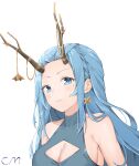  1girl absurdres antlers bare_shoulders blue_eyes blue_hair blush breasts cleavage cleavage_cutout clothing_cutout collarbone earrings highres jewelry kiro_(kirotayu) large_breasts long_hair looking_at_viewer mole mole_under_eye original solo upper_body white_background 