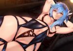  1girl armpits arms_behind_head arms_up bangs black_hairband blue_hair blush breasts eula_lawrence genjung genshin_impact hair_ornament hairband highres large_breasts lingerie looking_at_viewer medium_hair navel sidelocks solo thighs underwear yellow_eyes 