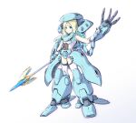  1girl alternate_costume aqua_eyes aqua_hair buchi_holes commentary cosplay g-spring_goddess_(ishiyumi) gloves gradient_hair gundam gundam_0080 highres holding holding_staff hygogg hygogg_(cosplay) ishiyumi mecha_musume megami_device multicolored_hair original platinum_blonde_hair school_swimsuit solo staff swimsuit thighhighs white_swimsuit 