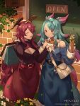  2girls :d :t ^_^ artist_name bag bangs bare_shoulders belt belt_buckle black_belt black_shirt blue_hair blue_shirt blue_skirt breasts brick_wall buckle cleavage cleavage_cutout closed_eyes closed_mouth clothing_cutout collarbone commentary crepe dragalia_lost dragon_girl dragon_horns dragon_tail eating english_commentary eyebrows_visible_through_hair fang flower food fruit hair_between_eyes hentaki highres holding holding_bag holding_food horns long_hair medium_breasts mercury_(dragalia_lost) multicolored_hair multiple_girls mym_(dragalia_lost) off-shoulder_shirt off_shoulder open_mouth paper_bag pleated_skirt purple_hair red_hair red_skirt shirt shopping_bag shoulder_bag sign skirt smile strawberry streaked_hair tail very_long_hair watermark web_address white_flower window yellow_flower 