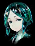  1other absurdres androgynous bangs black_background black_neckwear closed_mouth collared_shirt greatmosu green_eyes green_hair highres houseki_no_kuni jacket looking_at_viewer necktie parted_bangs phosphophyllite portrait shiny shiny_hair shirt short_hair simple_background wing_collar 