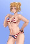  1girl american_flag_bikini analogue:_a_hate_story bangs bikini bikini_pull blonde_hair blue_background blue_eyes blunt_bangs blush braid breasts clothes_pull commission cowboy_shot double_bun flag_print gradient gradient_background hand_on_hip hunyan looking_at_viewer mute_(analogue:_a_hate_story) navel small_breasts smile solo swimsuit underboob 
