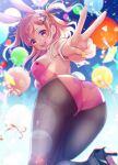  1girl :d animal_ears ass balloon bang_dream! bangs bare_back bare_shoulders black_footwear black_legwear blurry blurry_background blush breasts bunny_ears bunny_hair_ornament bunny_tail confetti day fake_animal_ears fake_tail foot_out_of_frame from_below hair_ornament hair_ribbon hairband hairclip high_heels highres hiromachi_nanami lens_flare leotard looking_at_viewer medium_breasts medium_hair nail_polish open_mouth outdoors pantyhose perspective pink_hair pink_leotard playboy_bunny purple_eyes ribbon short_twintails sideboob sidelocks sky sleeveless smile solo standing strapless strapless_leotard tail tsurugi_hikaru twintails upper_teeth v wrist_cuffs yellow_nails yellow_ribbon 