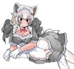 1girl alternate_costume animal_ears apron bangs bear_ears black_dress black_hair bow breasts brown_eyes cleavage closed_mouth commentary detached_collar dress enmaided eyebrows_visible_through_hair ezo_brown_bear_(kemono_friends) feet_out_of_frame frilled_apron frills gloves grey_hair hair_ornament hair_scrunchie highres igarashi_(nogiheta) kemono_friends leaning_to_the_side long_hair looking_at_viewer maid maid_apron maid_headdress medium_dress multicolored_hair pantyhose scrunchie short_sleeves simple_background sitting smile solo twintails white_apron white_background white_legwear 