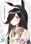  1girl animal_ears bangs black_hair blush closed_mouth collared_dress commentary_request dress emphasis_lines eyebrows_visible_through_hair hair_over_one_eye hairband horse_ears juliet_sleeves kogyokuapple long_hair long_sleeves looking_at_viewer meme mouth_hold mujun-gatamari_(meme) puffy_sleeves purple_eyes ribbon rice_shower_(umamusume) simple_background solo translation_request umamusume upper_body white_background white_dress white_hairband white_ribbon 