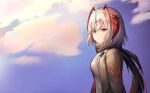  1girl ahoge arknights blue_sky breasts commentary demon_girl demon_horns expressionless eyebrows_visible_through_hair highres horns jacket medium_breasts medium_hair moshi_imo outdoors red_eyes scarf silver_hair sky solo upper_body w_(arknights) 