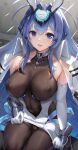  1girl antenna_hair azur_lane bangs black_legwear blue_eyes blue_hair blush bodystocking breasts cameltoe clothes_lift coat commentary covered_collarbone covered_navel covered_nipples detached_sleeves dress dress_lift elbow_gloves eyebrows_visible_through_hair gloves hair_intakes headgear highres large_breasts lips long_hair looking_at_viewer new_jersey_(azur_lane) open_clothes open_coat pantyhose parted_lips sayika see-through short_dress sidelocks sitting skin_tight sleeveless sleeveless_dress smile solo sweat thighband_pantyhose thighs turtleneck very_long_hair white_gloves 