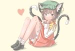  1girl :3 animal_ear_fluff animal_ears blush bow bowtie brown_eyes brown_hair cat_ears cat_tail chen dress earrings full_body gold_trim hat heart highres jewelry knees_up kotatsune looking_at_viewer mob_cap multiple_tails nekomata paw_pose pink_background red_dress short_hair simple_background single_earring sitting solo tail touhou two_tails yellow_neckwear 