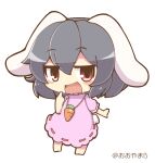  animal_ears artist_name barefoot black_hair blush_stickers bunny_ears bunny_tail carrot_necklace chibi dress floppy_ears inaba_tewi medium_hair ooyama_bokuchi open_mouth pink_dress red_eyes simple_background tail touhou white_background 