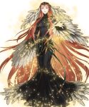  1girl ashera_(fire_emblem) black_dress breasts circlet detached_sleeves dress feather_trim feathers fingernails fire_emblem fire_emblem:_radiant_dawn fire_emblem_heroes full_body gem hair_ornament hand_up highres jewelry kita_senri light_particles long_dress long_hair long_sleeves looking_at_viewer medium_breasts official_art parted_lips red_eyes red_hair standing transparent_background turtleneck wide_sleeves 