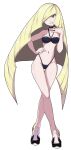  1girl absurdres alternate_costume bangs bare_arms bikini black_bikini black_choker blonde_hair breasts choker cleavage commentary crossed_legs english_commentary full_body green_eyes grin hair_over_one_eye hand_on_hip hand_up high_heels highres knees long_hair looking_at_viewer lusamine_(pokemon) navel oni-sanart pokemon pokemon_(anime) pokemon_sm049 pokemon_sm_(anime) shiny shiny_skin smile solo standing swimsuit thigh_gap transparent_background very_long_hair white_footwear 