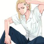  1boy absurdres arm_up black_eyes blonde_hair blue_pants closed_mouth collared_shirt cowboy_shot earrings highres jewelry long_hair looking_at_viewer male_focus meimei_(cb_mei) pants ryuuguuji_ken shirt simple_background sitting solo tattoo tokyo_revengers v-shaped_eyebrows white_background white_shirt 