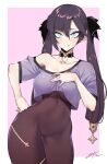  1girl black_hair blue_eyes blush bodysuit breasts choker collarbone commentary covered_navel cowboy_shot crop_top eyebrows_visible_through_hair genshin_impact hair_between_eyes j.k. licking_lips long_hair looking_at_viewer mona_megistus short_sleeves solo standing tongue tongue_out twintails 