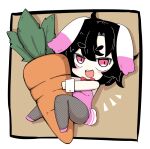  animal_ears black_hair blush bunny_ears bunny_tail carrot chibi fishnet_legwear fishnets floppy_ears inaba_tewi leotard looking_at_viewer medium_hair ooyama_bokuchi open_mouth pink_eyes pink_leotard playboy_bunny straddling strapless strapless_leotard tail thighhighs touhou 