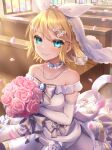  1girl aqua_eyes bangs bare_shoulders blonde_hair blush bouquet bow bridal_veil closed_mouth collar commentary dress elbow_gloves eyebrows_visible_through_hair flower gloves hair_between_eyes hair_flower hair_ornament hair_ribbon highres indoors jewelry kagamine_rin looking_at_viewer petals pink_flower pink_rose ribbon rose short_hair smile solo soramame_pikuto stained_glass standing sunlight upper_body veil vocaloid wedding_dress white_dress white_gloves 