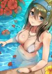  1girl bangs bare_arms bare_shoulders bikini black_hair blue_eyes blush bracelet breasts brown_hair cleavage collarbone commentary_request eyebrows_visible_through_hair flower hair_between_eyes hairband idolmaster idolmaster_cinderella_girls jewelry large_breasts long_hair looking_at_viewer navel necklace parted_lips partially_submerged petals pool poolside sagisawa_fumika shiroyukimajima smile solo standing string_bikini swimsuit water white_bikini 