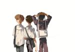  3boys absurdres aida_kensuke black_hair brown_hair dappled_sunlight friends from_behind glasses highres ikari_shinji multiple_boys neon_genesis_evangelion school_uniform simple_background sunlight suzuhara_touji track_suit walking white_background 