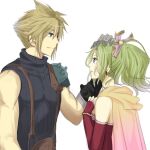  1boy 1girl armor blonde_hair blue_eyes bracelet cape cloud_strife crossover dango_(ff_iraira) dissidia_012_final_fantasy dissidia_final_fantasy dress earrings elbow_gloves final_fantasy final_fantasy_vi final_fantasy_vii fingerless_gloves gloves green_hair hair_ribbon hands_on_own_chest headpat jewelry looking_at_another pauldrons ponytail red_dress ribbon shoulder_armor sleeveless sleeveless_sweater sleeveless_turtleneck smile spiked_hair square_enix suspenders tina_branford turtleneck 