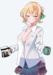  1girl absurdres ass_visible_through_thighs bangs blonde_hair blush braid braided_bun breasts cleavage coffee_mug coffee_pot cowboy_shot cup dress_shirt grey_background half-closed_eyes highres kantai_collection komb looking_at_viewer loose_clothes loose_shirt medium_breasts mug partially_unbuttoned perth_(kancolle) plaid plaid_skirt pouty_lips purple_eyes see-through_silhouette shirt short_hair simple_background skirt solo steam untucked_shirt white_shirt wing_collar 