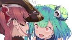  2girls bangs black_eyepatch crazy_eyes double_bun fang flying_sweatdrops green_hair hair_ornament hair_ribbon hololive houshou_marine kubota_masaki multiple_girls necromancer open_mouth red_eyes ribbon short_hair uruha_rushia virtual_youtuber 