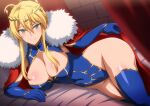  1girl artoria_pendragon_(all) artoria_pendragon_(lancer)_(fate) bangs bare_shoulders blonde_hair blue_gloves blue_legwear blue_leotard blush braid breasts cape cleavage cleavage_cutout clothing_cutout covered_navel crown elbow_gloves fate/grand_order fate_(series) french_braid fur-trimmed_cape fur_trim gloves green_eyes hair_between_eyes hara_(harayutaka) highleg highleg_leotard highres large_breasts leotard long_hair looking_at_viewer lying on_side red_cape sidelocks smile solo thighhighs thighs 