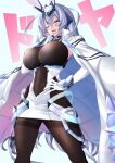  1girl ;d absurdres animal_ears armpit_crease azur_lane bangs black_legwear blue_background blue_eyes blue_hair bodystocking breasts bunny_ears cape chin_stroking coat coat_on_shoulders commentary_request covered_navel cowboy_shot dress elbow_gloves eyebrows_visible_through_hair gloves hair_between_eyes hair_intakes hand_on_hip headgear highres large_breasts long_hair new_jersey_(azur_lane) one_eye_closed open_mouth pantyhose partial_commentary side_cutout sidelocks smile smug solo sound_effects sparkle standing thighband_pantyhose ura_tomoya vambraces very_long_hair white_cape white_dress white_gloves 
