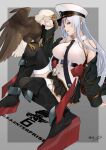  1girl arm_support azur_lane bald_eagle bangs bare_shoulders belt bird black_belt black_coat black_footwear black_legwear black_neckwear black_skirt boots breasts character_name coat collared_shirt commentary_request commission eagle enterprise_(azur_lane) eyebrows_visible_through_hair full_body gold_trim hair_between_eyes hand_up hat highres knee_boots knee_up large_breasts long_hair long_sleeves looking_at_viewer military_hat miniskirt necktie off_shoulder open_clothes open_coat oshida_bob parted_lips partial_commentary peaked_cap pixiv_request pleated_skirt profile purple_eyes rudder_footwear shirt sidelocks signature silver_hair simple_background skirt sleeveless sleeveless_shirt smile solo_focus standing thighhighs underbust very_long_hair white_headwear white_shirt zettai_ryouiki 
