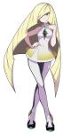  1girl absurdres bangs blonde_hair blush breasts closed_mouth commentary crossed_legs diamond_(shape) dress emerald_(gemstone) english_commentary full_body hair_over_one_eye high_heels highres leggings long_hair looking_at_viewer lusamine_(pokemon) oni-sanart pokemon pokemon_(game) pokemon_sm short_dress sleeveless sleeveless_dress smile solo standing transparent_background very_long_hair white_dress white_legwear 
