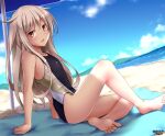  1girl alternate_costume arm_support bare_arms bare_legs bare_shoulders barefoot beach beach_towel beach_umbrella black_swimsuit blonde_hair blue_sky brown_eyes cloud commentary_request commission competition_swimsuit dated day feet horizon kantai_collection kikuzuki_(kancolle) legs long_hair looking_at_viewer ocean one-piece_swimsuit open_mouth outdoors sand sitting skeb_commission sky soles solo swimsuit toes towel tsuchimiya umbrella water 