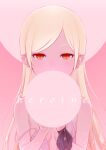  1girl absurdres blonde_hair breasts breasts_apart english_text hands_up highres kiss-shot_acerola-orion_heart-under-blade long_hair looking_at_viewer monogatari_(series) pointy_ears red_eyes small_breasts solo strap_slip upper_body yoshi_mi_yoshi 